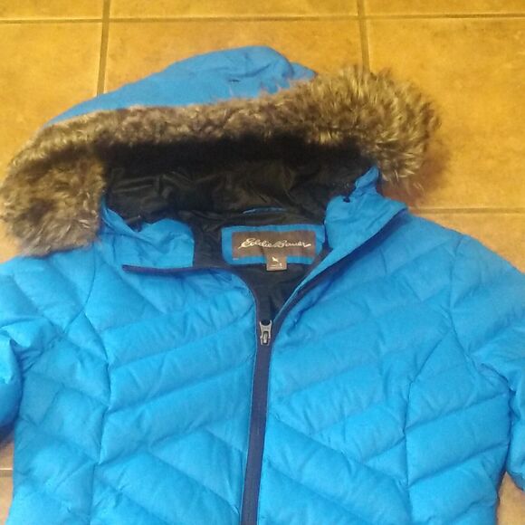 Eddie Bauer Womens Quilted Blue Goose Down Puffer Coat Faux Fur Hood Small EUC - Picture 10 of 13